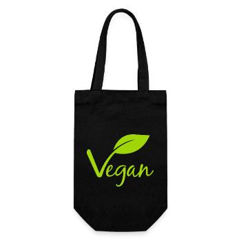 Vegan mit einem Blatt für Veganer und Vegetarier - Geschenkbeutel für Flaschen - Schwarz - Vorne