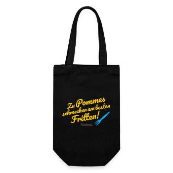 Witziges Spruchdesign mit Pommes und Frittens - Geschenkbeutel für Flaschen - Schwarz - Vorne