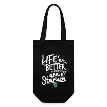Life is Better Steirisch – Lebe das Lebensgefühl - Geschenkbeutel für Flaschen - Schwarz - Vorne