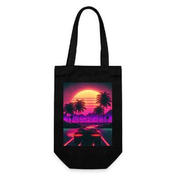 Retro Ride: Auf den Synthwave-Wellen der Sonne - Geschenkbeutel für Flaschen - Schwarz - Vorne