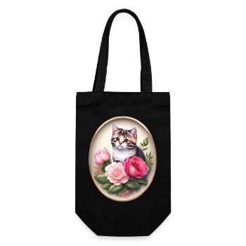 Vintage Katzenportrait mit Rosen - Geschenkbeutel für Flaschen - Schwarz - Vorne