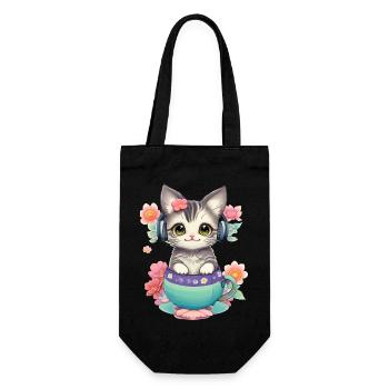Niedliche Babykatze in einer Blumenwelt - Geschenkbeutel für Flaschen - Schwarz - Vorne