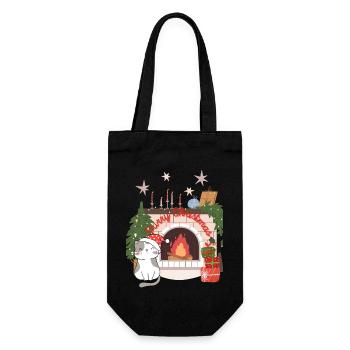 Purry Christmas - Katze am Kamin mit Geschenken - Geschenkbeutel für Flaschen - Schwarz - Vorne