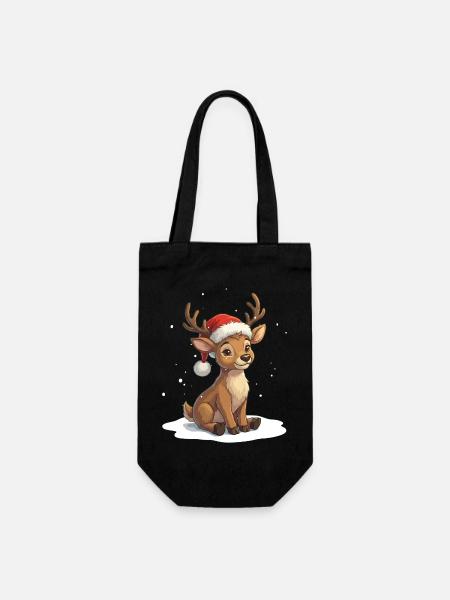 Süßes Baby Rentier mit Weihnachtsmütze - Geschenkbeutel für Flaschen - Schwarz