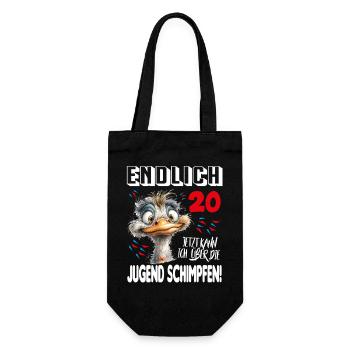 Endlich 20: Strauß Vogel Geburtstag Birthday - Geschenkbeutel für Flaschen - Schwarz - Vorne