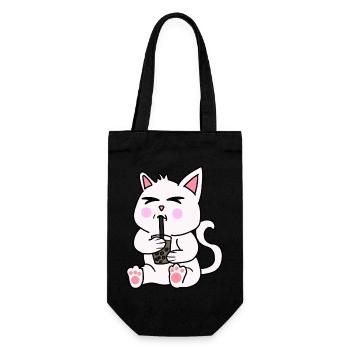 Bubble Tea Drinking White Cat Anime Kawaii - Gift Bag for Bottles - black - Front