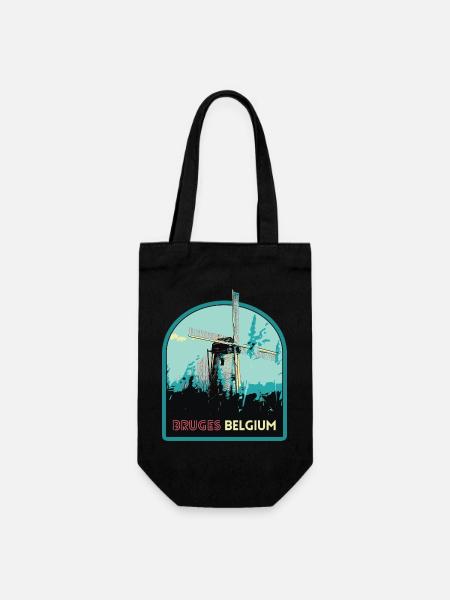 Illustration Windmühle bei Brügge - Geschenkbeutel für Flaschen - Schwarz