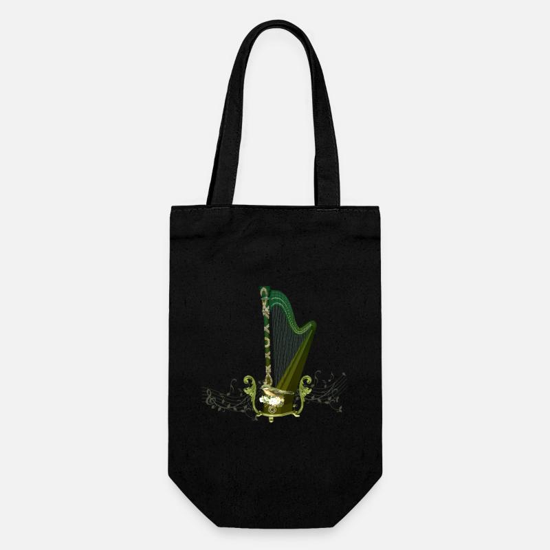 Keltische Harfe mit keltischem Knoten und Blumen mit Vogel - Geschenkbeutel für Flaschen - Schwarz