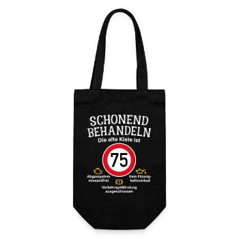 75. Geburtstag Schonend Behandeln Alte Kiste 75 - Geschenkbeutel für Flaschen - Schwarz - Vorne