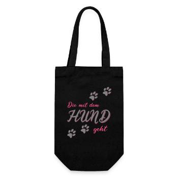Die mit dem Hund geht, Dog Gassi Hundeliebhaber - Geschenkbeutel für Flaschen - Schwarz - Vorne
