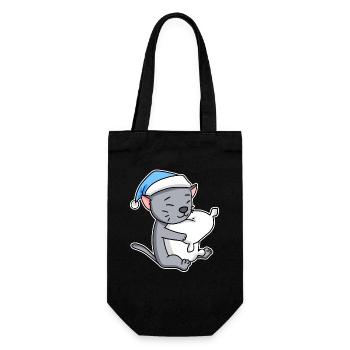 Schlafen Müde - Katze mit Kissen und Schlafmütze - Geschenkbeutel für Flaschen - Schwarz - Vorne