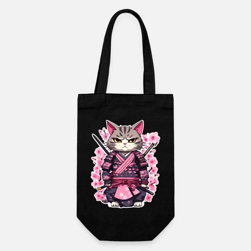 Samurai Katze & Kirschblüten #7 - Geschenkbeutel für Flaschen - Schwarz