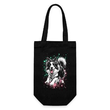 Lebensfroher Border Collie mit bunten Farbspritzer - Geschenkbeutel für Flaschen - Schwarz - Vorne