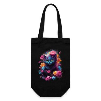 Süße Fantasy Katze in bunten Blumen - Geschenkbeutel für Flaschen - Schwarz - Vorne