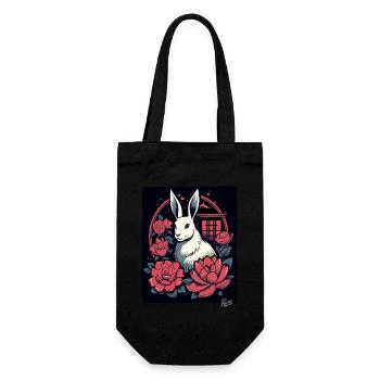 Asiatische Rosen und ein Weißes Häschen - Geschenkbeutel für Flaschen - Schwarz - Vorne