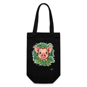 Kleines Süßes Schwein im Pflanzen-Dschungel - Geschenkbeutel für Flaschen - Schwarz - Vorne