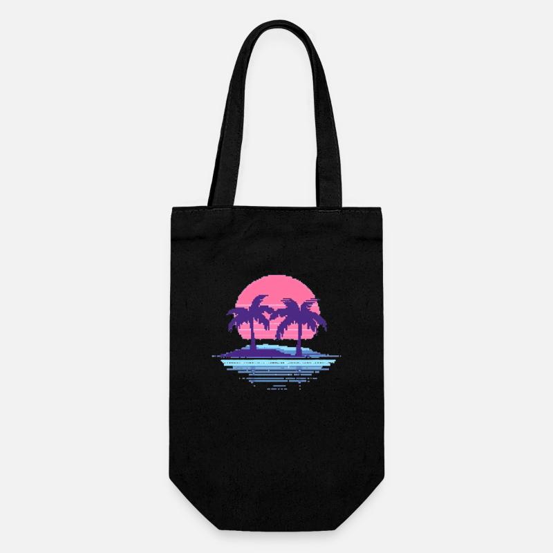 Vaporwave Synthwave Pixelart Palmen Retro 90er - Geschenkbeutel für Flaschen - Schwarz