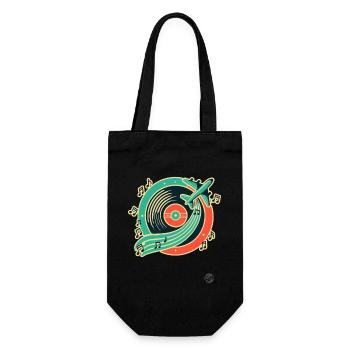 Retro Musik & Reise Design "Platte & Flugzeug" - Geschenkbeutel für Flaschen - Schwarz - Vorne