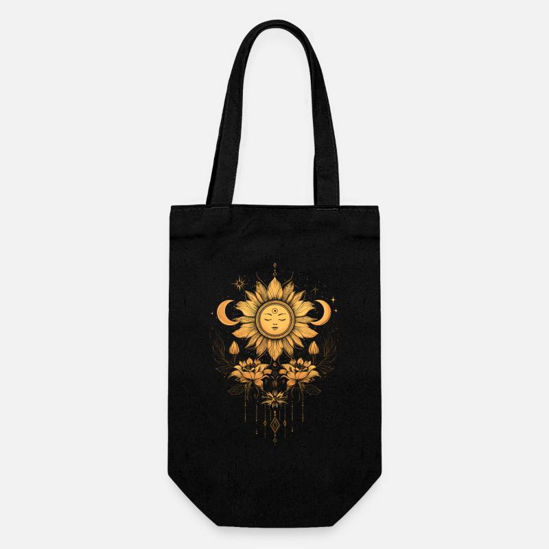 Bohemian Sonne Boho Mond Blumen Blüten Geschenk - Geschenkbeutel für Flaschen - Schwarz