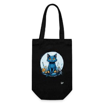 Blaue Katze mit gelben Blumen - Geschenkbeutel für Flaschen - Schwarz - Vorne