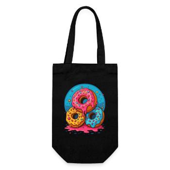 Drei bunte Donuts mit Glasur und Streuseln - Geschenkbeutel für Flaschen - Schwarz - Vorne