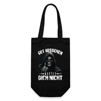 Gut aussehen rettet dich nicht Spruch Sensenmann - Geschenkbeutel für Flaschen - Schwarz - Vorne