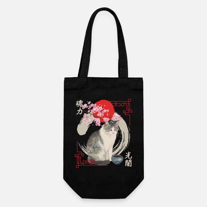 Japanische Katze mit Kirschblüten - Geschenkbeutel für Flaschen - Schwarz
