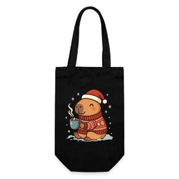 ✨ Cozy Capybara mit Kakao & Weihnachtsmütze - Geschenkbeutel für Flaschen - Schwarz - Vorne