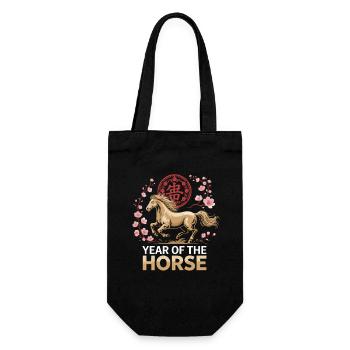 Jahr des Pferdes: Pferd & Kirschblüten - Geschenkbeutel für Flaschen - Schwarz - Vorne