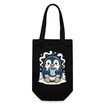 Kuschel-Pinguin mit heißem Kakao - Geschenkbeutel für Flaschen - Schwarz - Vorne