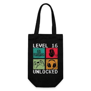 Level 16 Freigeschaltet Retro-Gaming - Geschenkbeutel für Flaschen - Schwarz - Vorne