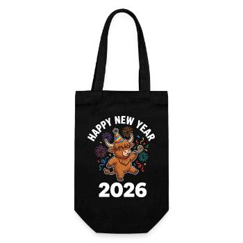 Frohes Neues Jahr 2026 Highland Cow Partyhut - Geschenkbeutel für Flaschen - Schwarz - Vorne