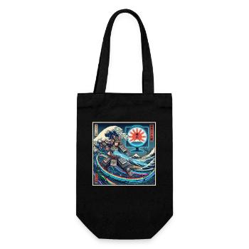 Cyber Samurai 模式 vor Wellen und Fuji - Geschenkbeutel für Flaschen - Schwarz - Vorne