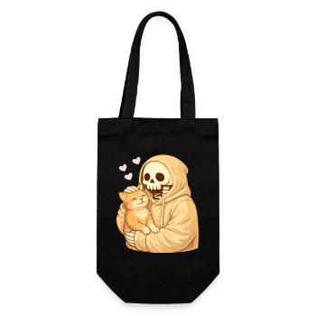 Cozy Skelett mit Katze – Sanfte Nähe - Geschenkbeutel für Flaschen - Schwarz - Vorne