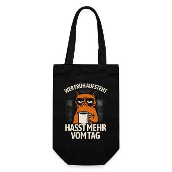 Katze - Wer früh aufsteht hasst mehr vom Tag - Geschenkbeutel für Flaschen - Schwarz - Vorne