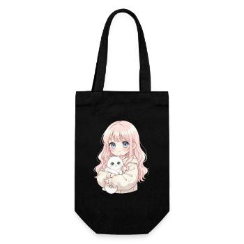 Anime Mädchen Katze Japan Kawaii Katzenliebhaber - Geschenkbeutel für Flaschen - Schwarz - Vorne