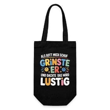 Als Gott mich schuf grinste er – Lustiger Spruch - Geschenkbeutel für Flaschen - Schwarz - Vorne