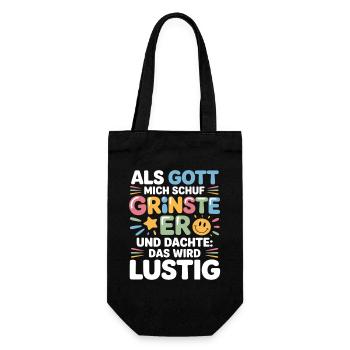 Als Gott mich schuf grinste er – Lustiger Spruch - Geschenkbeutel für Flaschen - Schwarz - Vorne