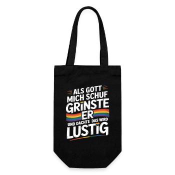 Als Gott mich schuf grinste er – Pride Humor - Geschenkbeutel für Flaschen - Schwarz - Vorne
