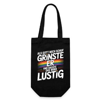 Als Gott mich schuf grinste er – Pride Humor - Geschenkbeutel für Flaschen - Schwarz - Vorne