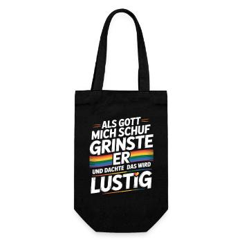 Als Gott mich schuf grinste er – Pride Humor - Geschenkbeutel für Flaschen - Schwarz - Vorne