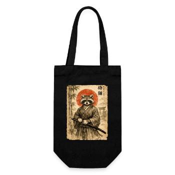 Samurai, Waschbär, Japanische Kunst, Anime - Geschenkbeutel für Flaschen - Schwarz - Vorne