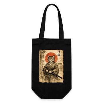 Samurai, Katze, Kater, Japanische Kunst, Anime - Geschenkbeutel für Flaschen - Schwarz - Vorne