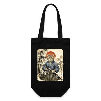 Samurai, Katze, Kater, Japanische Kunst, Anime - Geschenkbeutel für Flaschen - Schwarz - Vorne