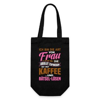Zufrieden mir Kaffee und Rätsel lösen / Spruch - Geschenkbeutel für Flaschen - Schwarz - Vorne