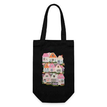  Bunte Häuser mit Blumen und Bäumen – Märchenhafte - Geschenkbeutel für Flaschen - Schwarz - Vorne