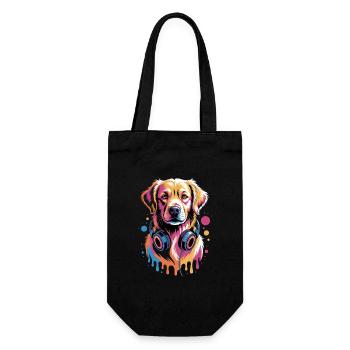 Golden Retriever mit Kopfhörer - Geschenkbeutel für Flaschen - Schwarz - Vorne