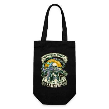 Motorrad Biker Totenkopf lustiger Spruch Zahnfee - Geschenkbeutel für Flaschen - Schwarz - Vorne