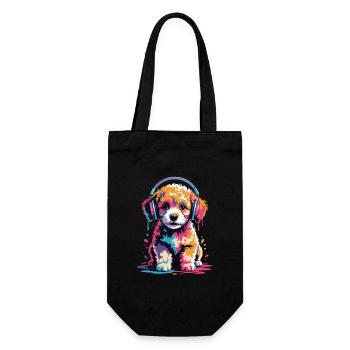 Maltipoo Welpe mit Kopfhörern - Geschenkbeutel für Flaschen - Schwarz - Vorne