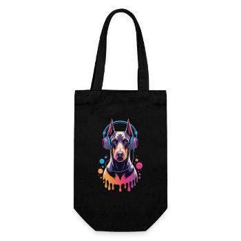 Dobermann mit Kopfhörern - Geschenkbeutel für Flaschen - Schwarz - Vorne
